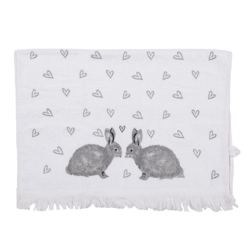 Clayre & Eef Gästehandtuch 40x66 cm Weiß Grau Baumwolle Kaninchen