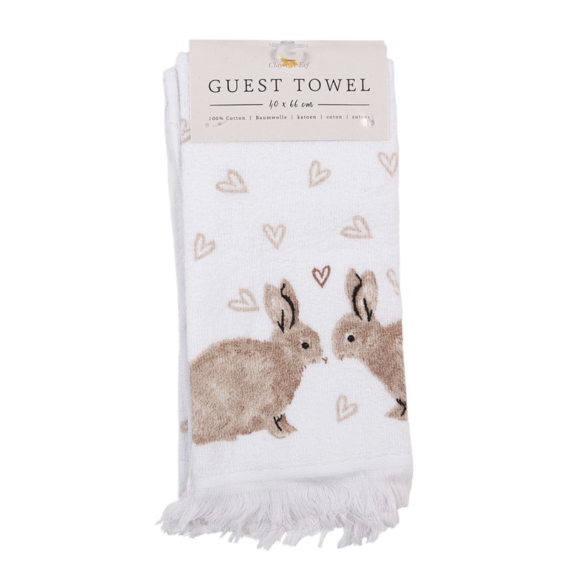 Clayre & Eef Guest Towel 40x66 cm White Brown Cotton Rabbits