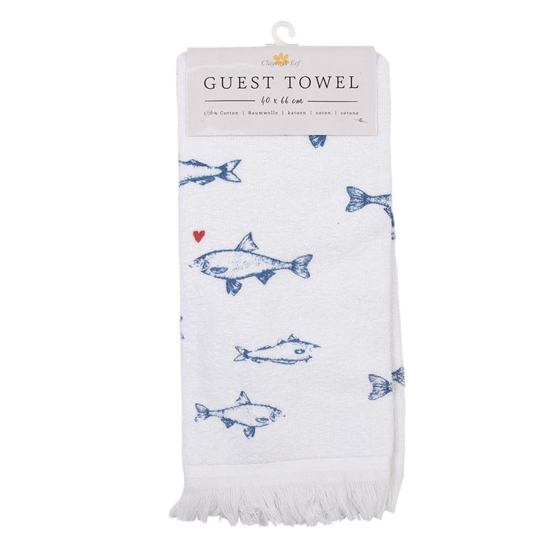 Clayre & Eef Guest Towel 40x66 cm White Blue Cotton Fishes