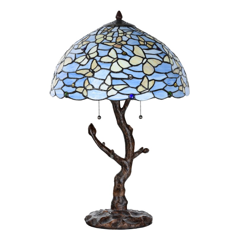 LumiLamp Lampe de table Tiffany Ø 40x60 cm Bleu Verre Papillons