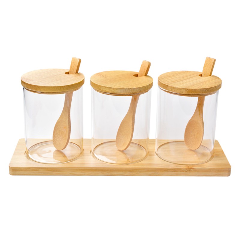 Clayre & Eef Storage Jar Set of 3 Ø 8x10 cm Transparent Glass Wood