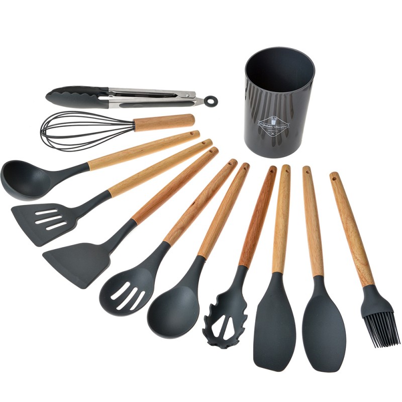 Clayre & Eef Set di utensili da cucina da 12 pezzi con organizzatore Ø 8x32 cm Grigio Silicone