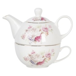 Clayre & Eef Tea for One 400 ml Blanc Rose Porcelaine Rond Fleurs