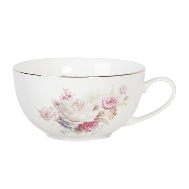 Clayre & Eef Tea for One 400 ml Blanc Rose Porcelaine Rond Fleurs