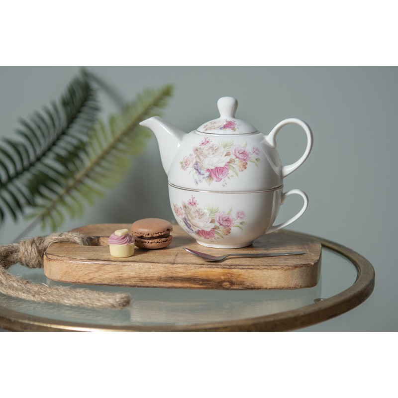 Clayre & Eef Tea for One  400 ml Wit Roze Porselein Rond Bloemen