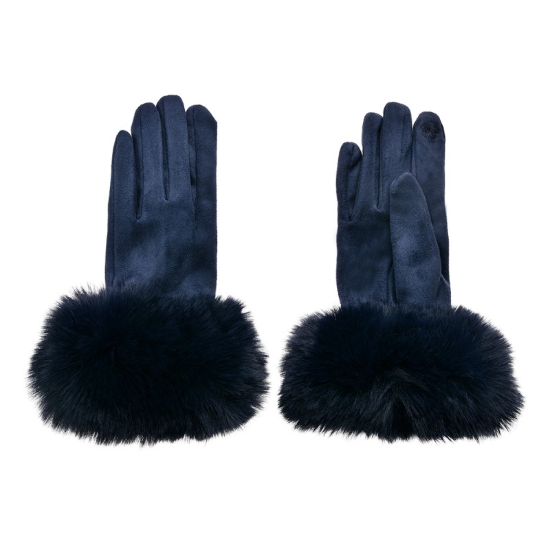 Clayre & Eef Handschoenen met imitatiebont  9x24 cm Blauw Polyester