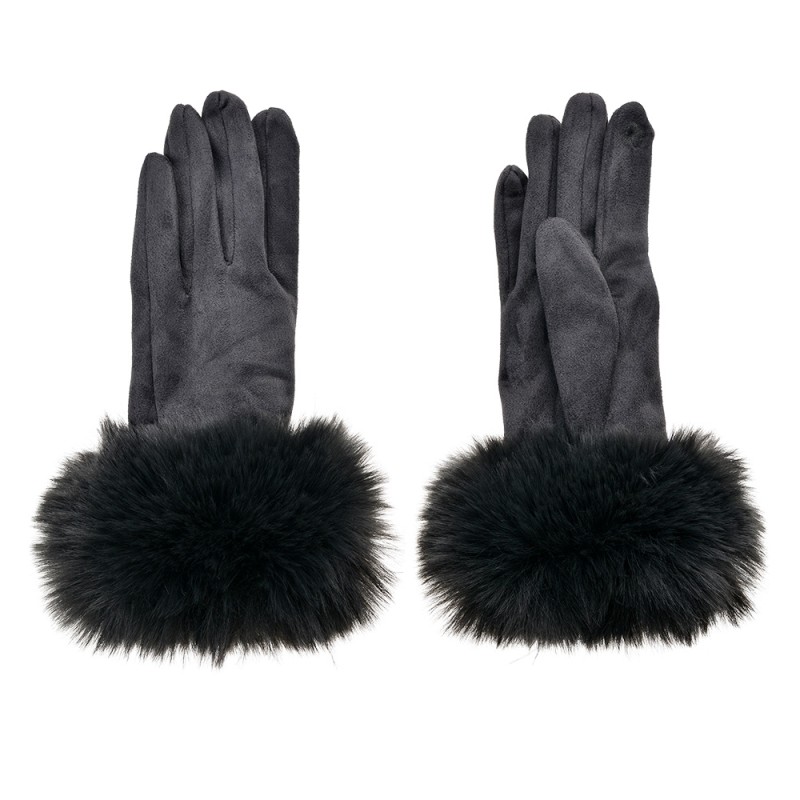 Clayre & Eef Handschoenen met imitatiebont  9x24 cm Grijs Polyester