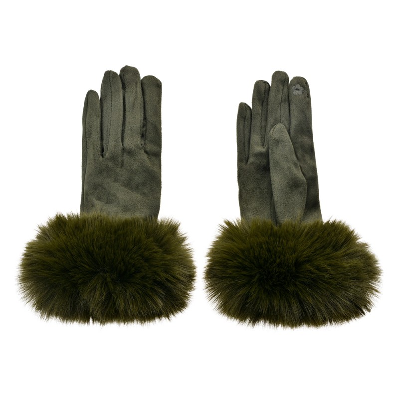 Clayre & Eef Handschuhe mit Kunstpelz 9x24 cm Grün Polyester