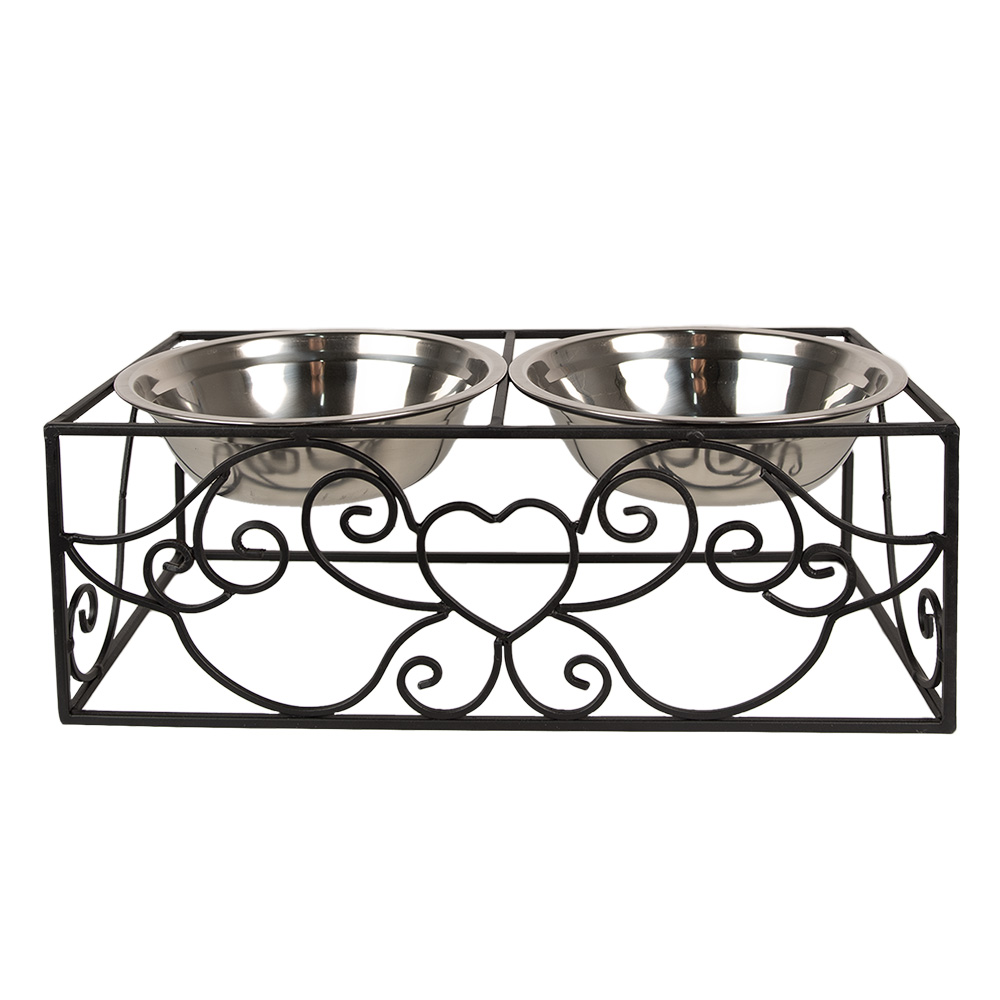 Clayre&Eef Voerbak hond 2x500 ml Zwart IJzer Hart afbeelding