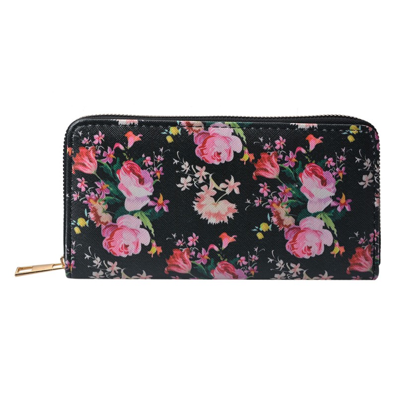 Clayre & Eef Wallet 19x10 cm Black Artificial Leather Rectangle Flowers