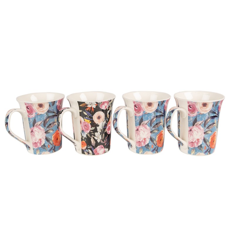 Clayre & Eef Mug Set of 4 300 ml Blue Pink Porcelain Flowers