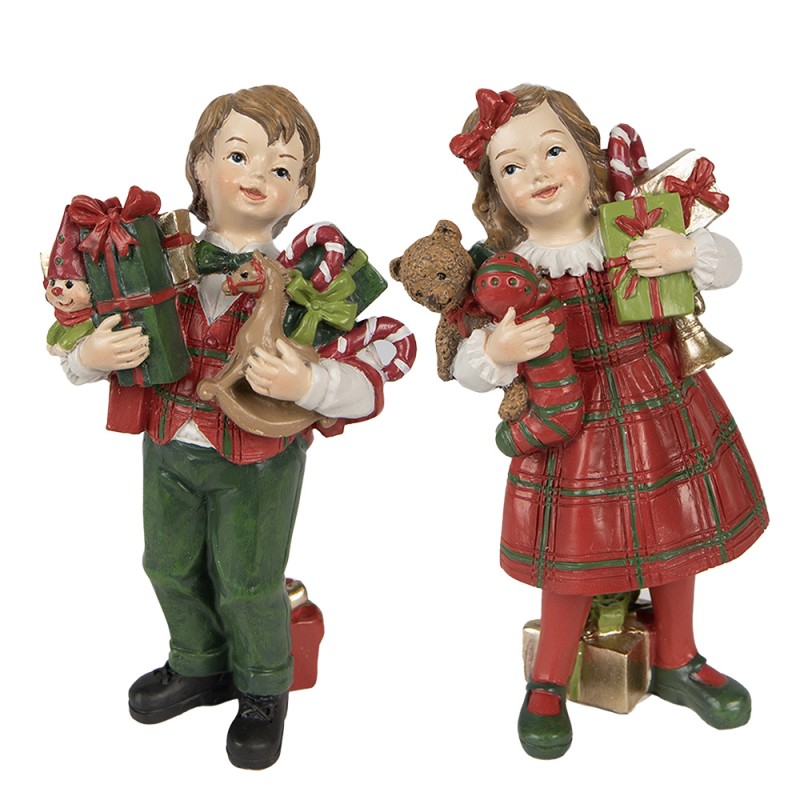 Clayre & Eef Dekorationsfigur Kinder set van 2 / 13 cm Rot Grün Polyresin