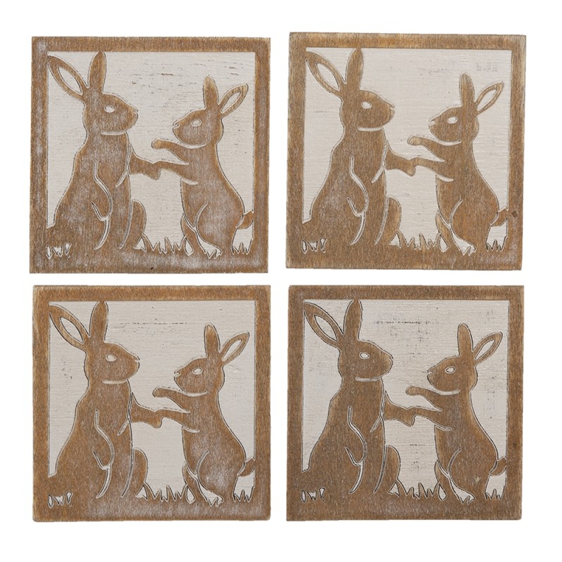 Clayre & Eef Coasters for Glasses Set of 4 10x10 cm Brown Wood Square Hares