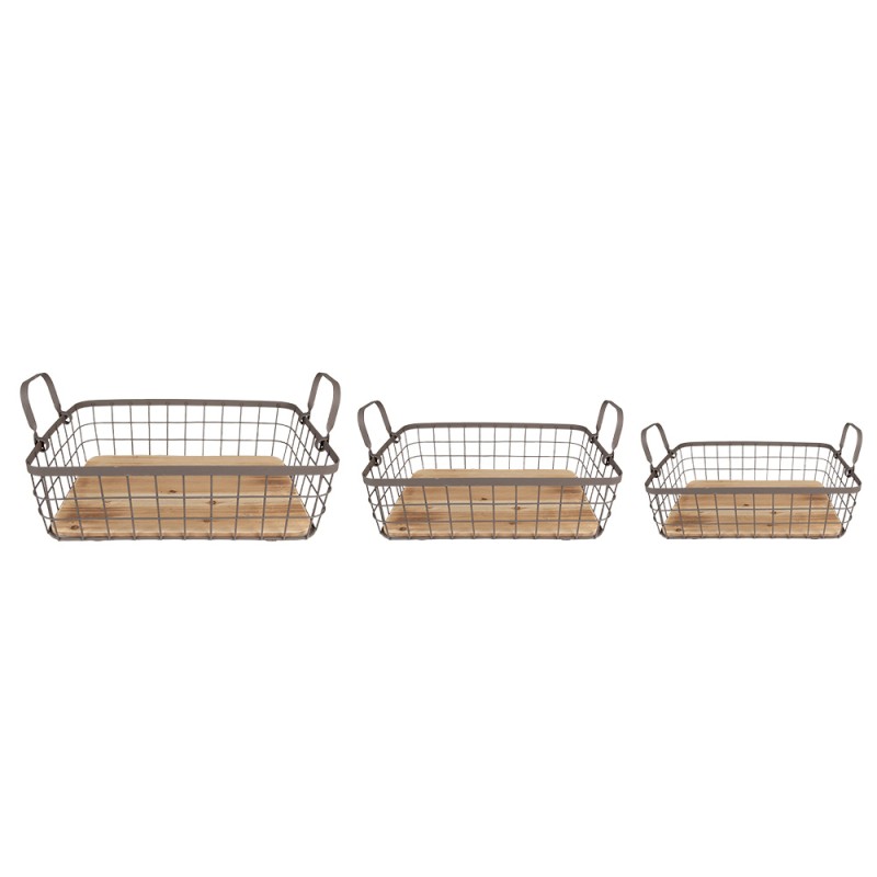 Clayre & Eef Opbergmand Set van 3  38x28x11 cm Grijs Bruin Ijzer Hout