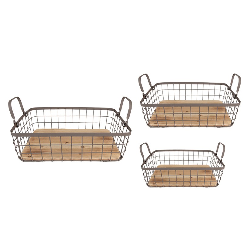 Clayre & Eef Storage Basket Set of 3 38x28x11 cm Grey Brown Iron Wood