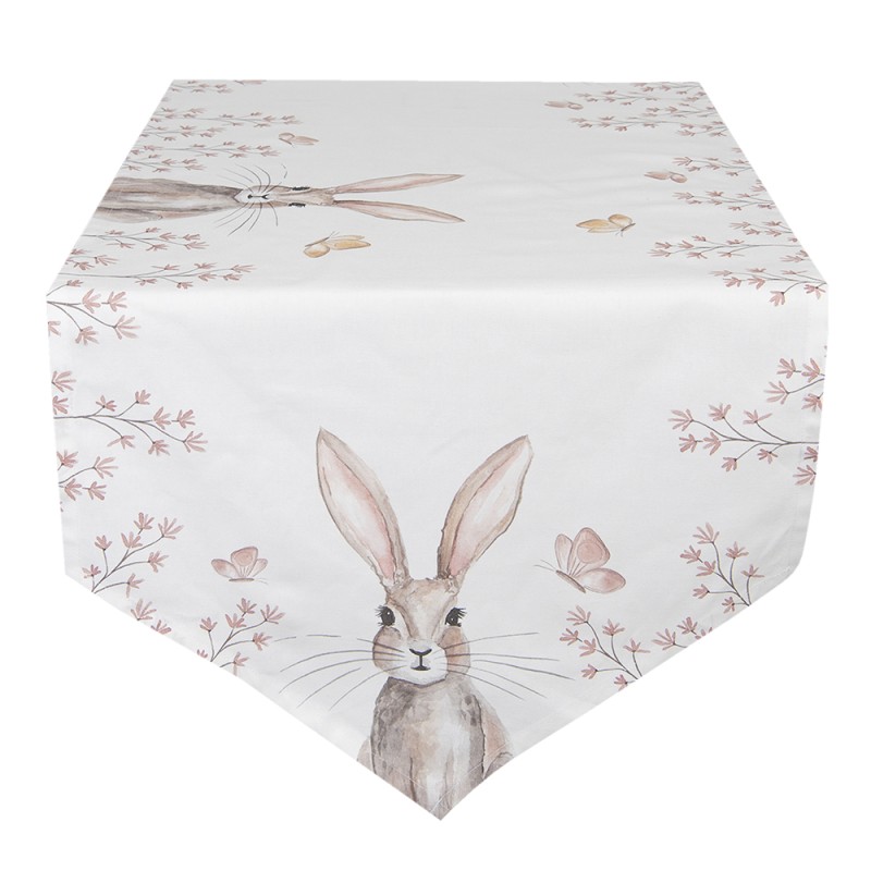 Clayre & Eef Tischläufer 50x160 cm Weiß Braun Baumwolle Kaninchen