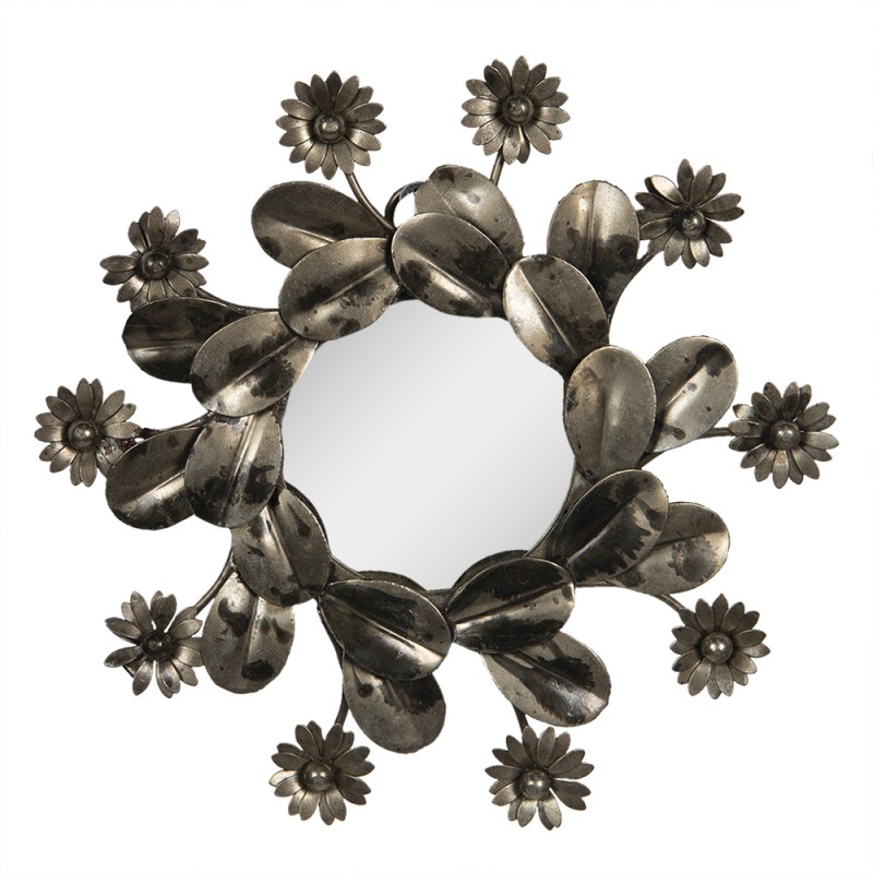 Clayre & Eef Mirror Ø 15 cm Grey Iron Round Flowers