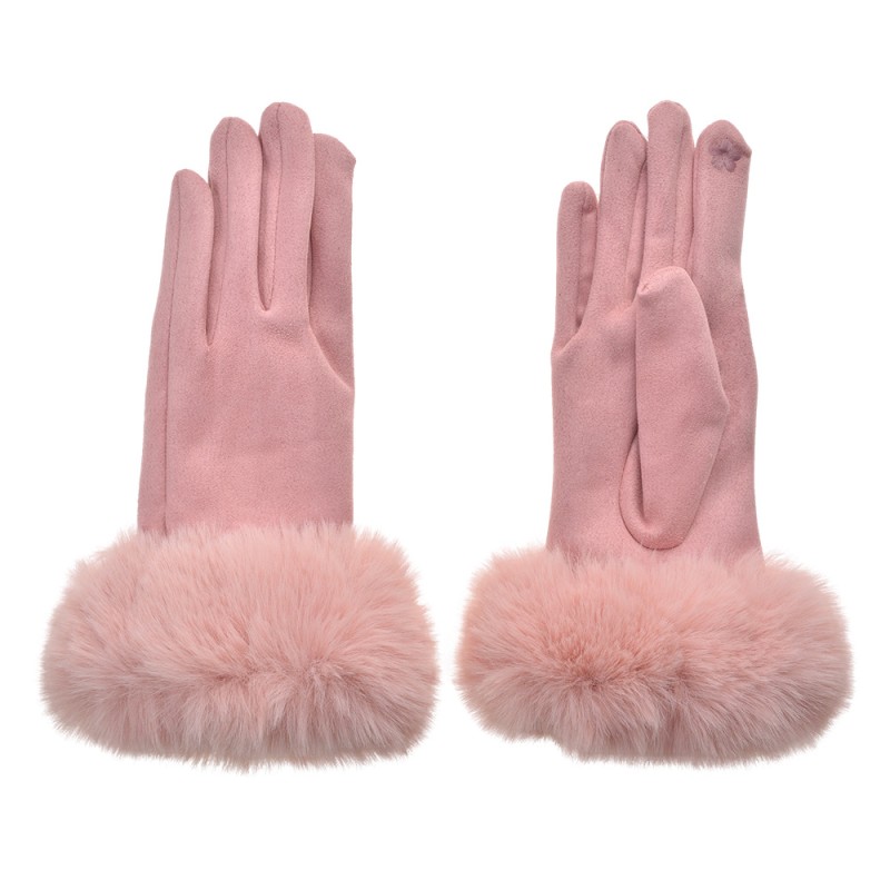 Clayre & Eef Handschoenen met imitatiebont  9x24 cm Roze Polyester