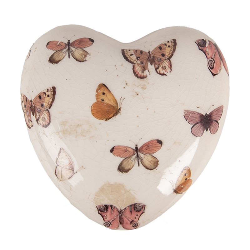 Clayre & Eef Décoration Coeur 10X10x4 cm Beige Rose Céramique En forme de coeur Papillons