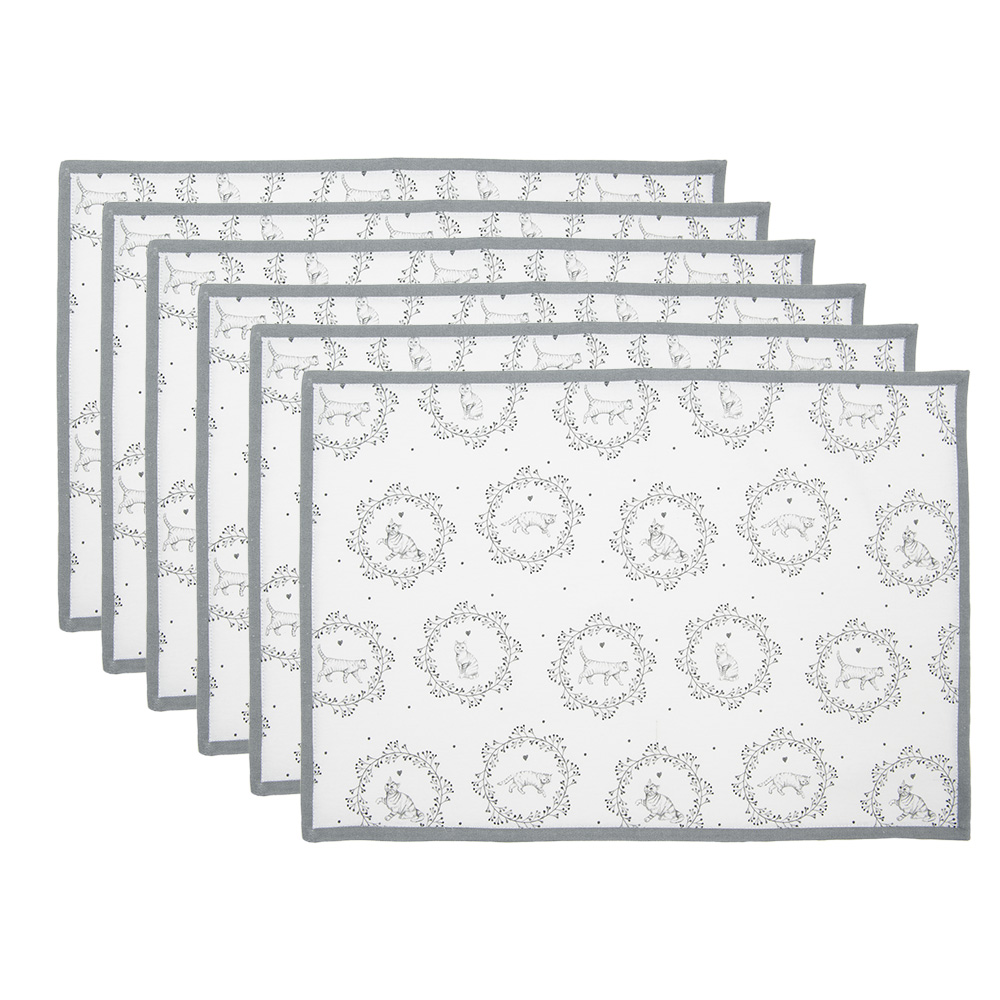Clayre&Eef Placemats Set van 6 48x33 cm Wit Grijs Katoen Kat afbeelding
