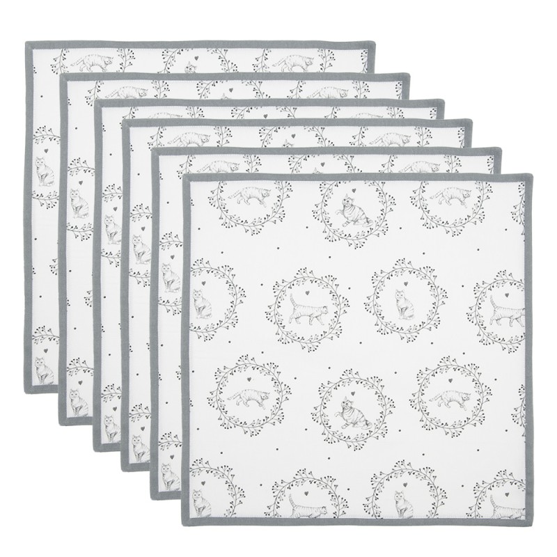 Clayre & Eef Serviettes Coton set de 6 40x40 cm Blanc Gris Chat