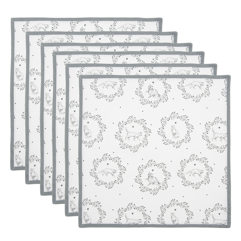 Clayre & Eef Servetten Katoen Set van 6 40x40 cm Wit Grijs Katoen Kat
