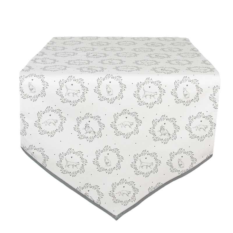 Clayre & Eef Table Runner 50x160 cm White Grey Cotton Cat