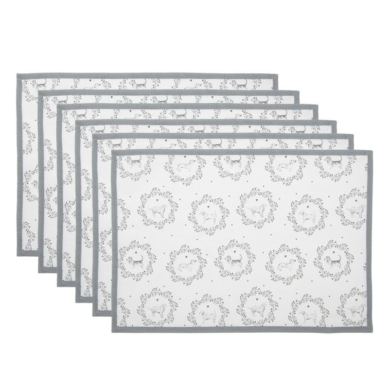 Clayre & Eef Sets de table set de 6 48x33 cm Blanc Gris Coton Chien