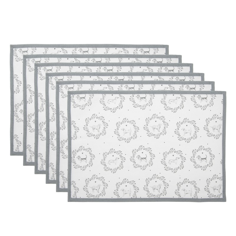 Clayre & Eef Placemats Set of 6 48x33 cm White Grey Cotton Dog