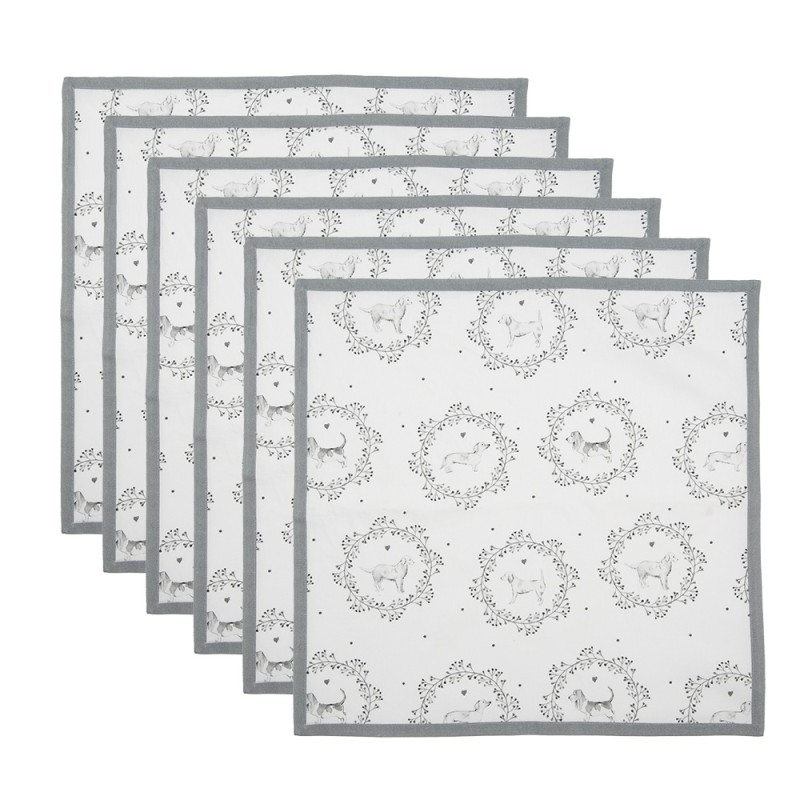 Clayre & Eef Tovaglioli Cotone set di 6 40x40 cm Bianco Grigio  Quadrato Cane