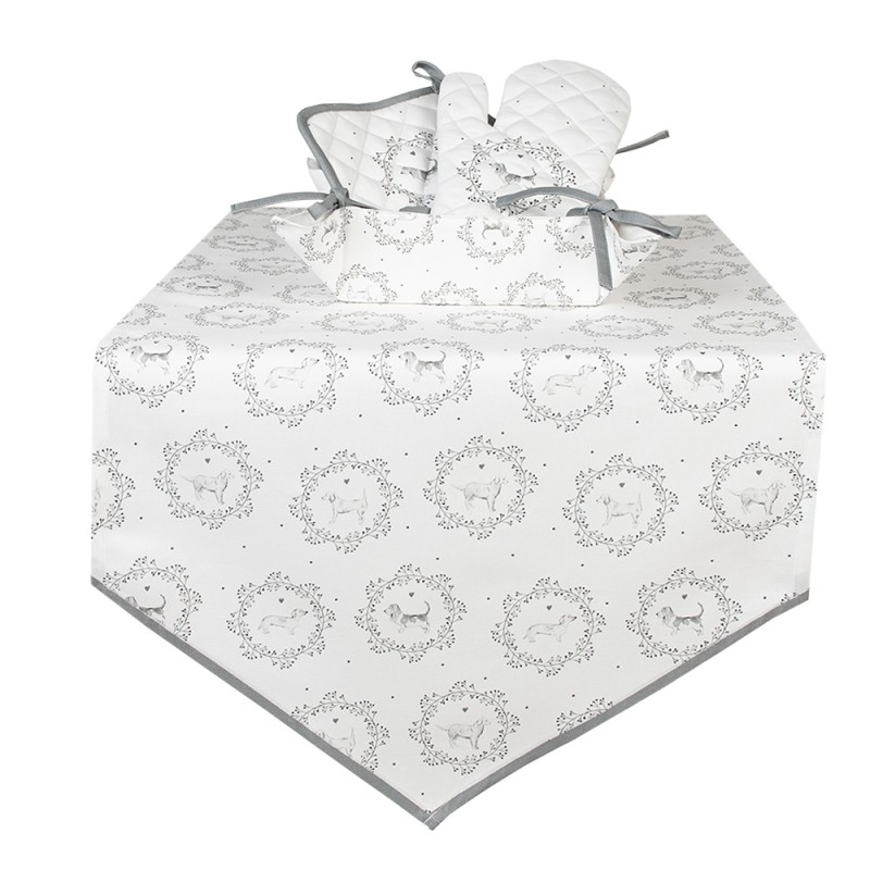 Clayre & Eef Table Runner 50x160 cm White Grey Cotton Rectangle Dog