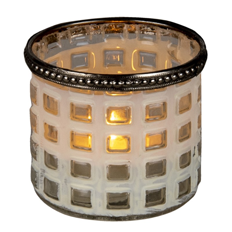 Clayre & Eef Tealight Holder Ø 8x7 cm White Glass Metal Round
