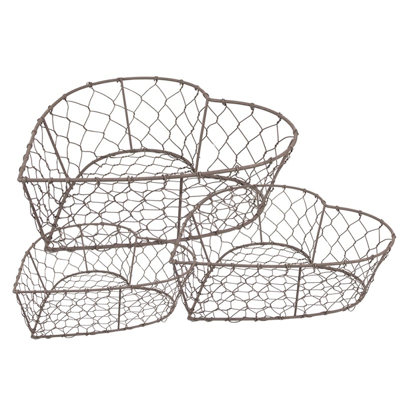Clayre & Eef Storage Basket Set of 3 25x23x11/ 22x20x10/ 19x18x8 cm Brown Iron Heart-Shaped