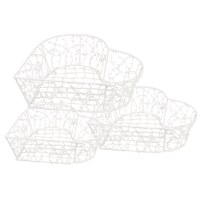 Clayre & Eef Panier de rangement set de 3 25x25x7 / 20x20x6 / 15x15x6 cm Blanc Fer En forme de coeur