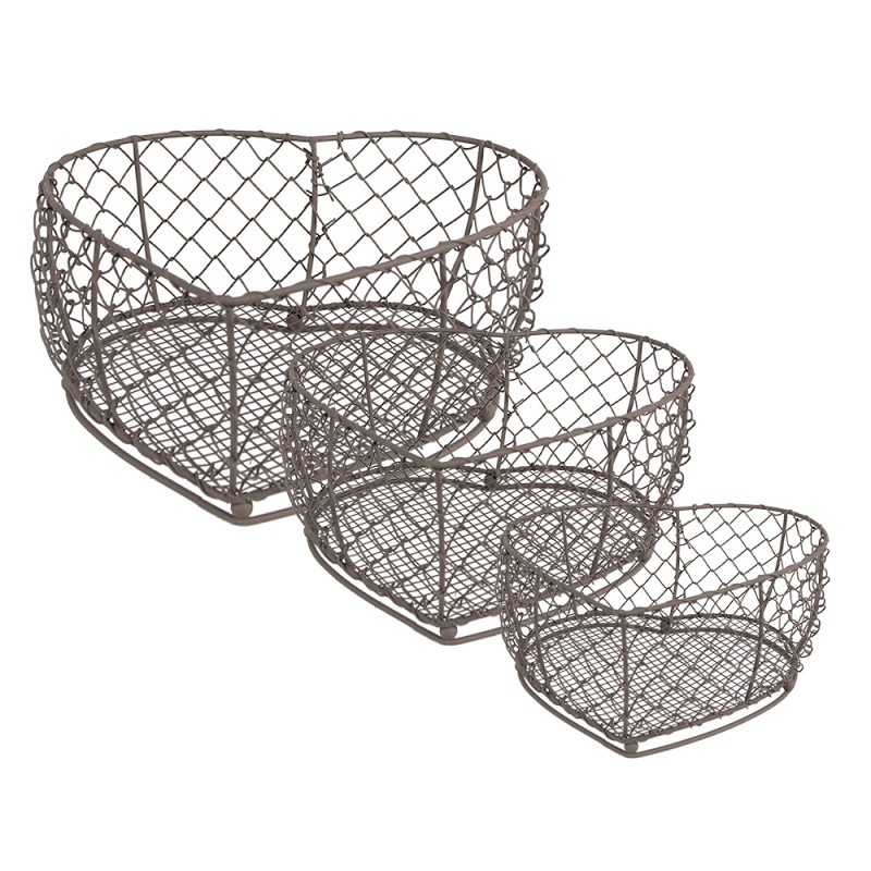 Clayre & Eef Storage Basket Set of 3 25x25x7 / 20x20x6 / 15x15x6 cm Brown Iron Heart-Shaped