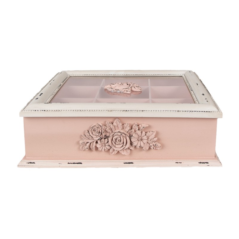 Clayre & Eef Tea Box with 9 Compartments 32x26x9 cm Pink Wood product Rectangle Flowers
