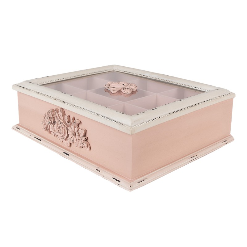 Clayre & Eef Tea Box with 9 Compartments 32x26x9 cm Pink Wood product Rectangle Flowers