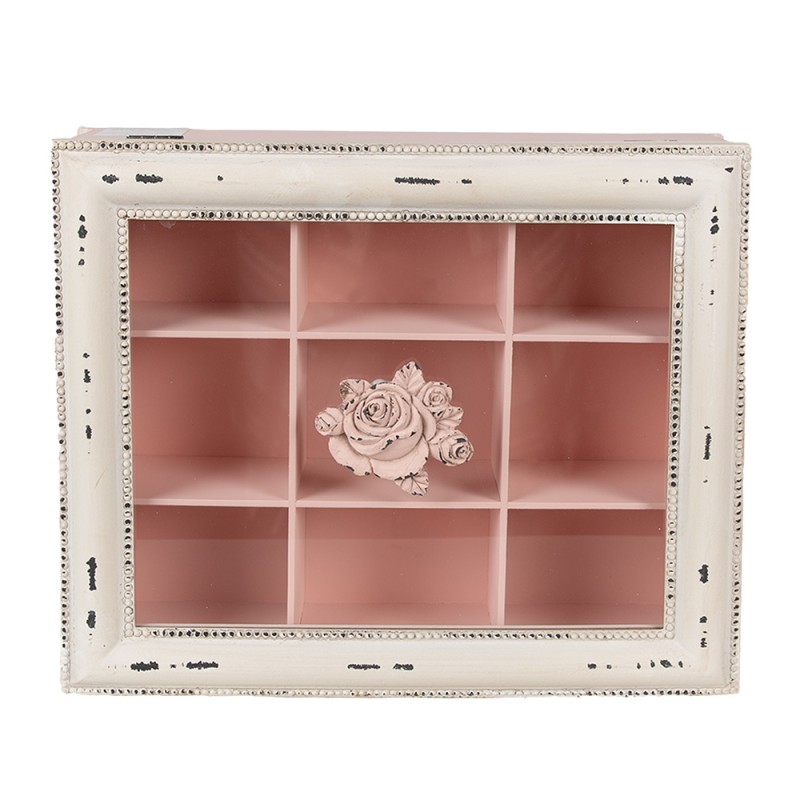 Clayre & Eef Scatola da tè con 9 scomparti 32x26x9 cm Rosa Prodotto in legno Rettangolo Fiori