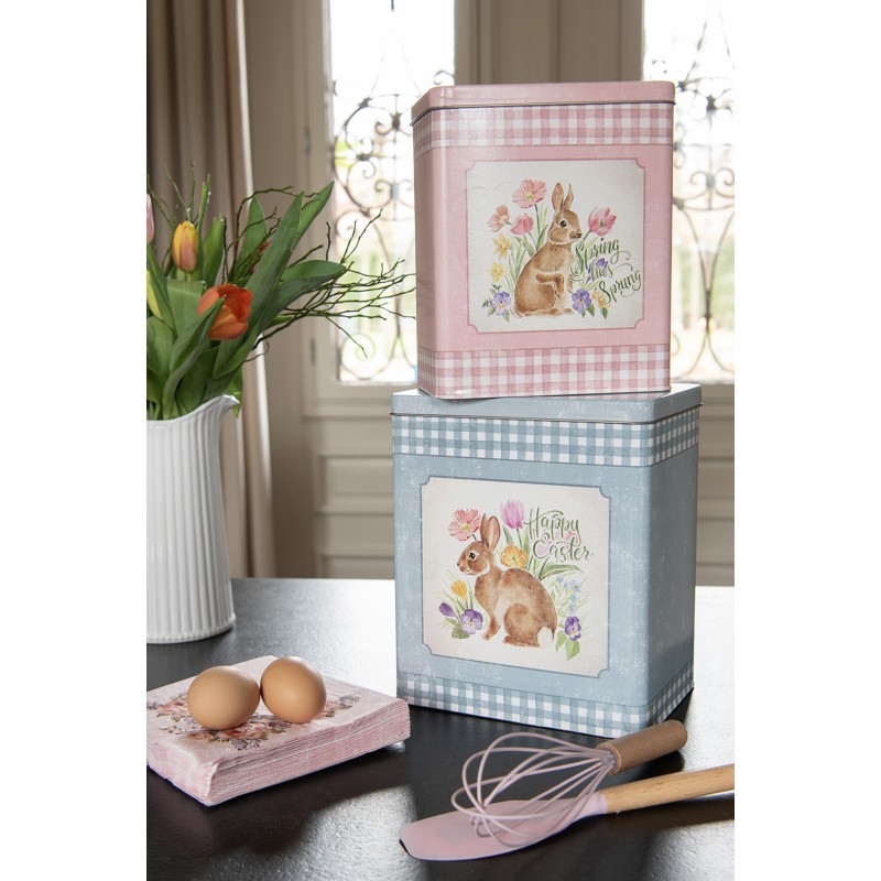 Clayre & Eef Tin Storage Box 21x15x25 / 18x13x22 cm Blue Pink Metal Rabbit