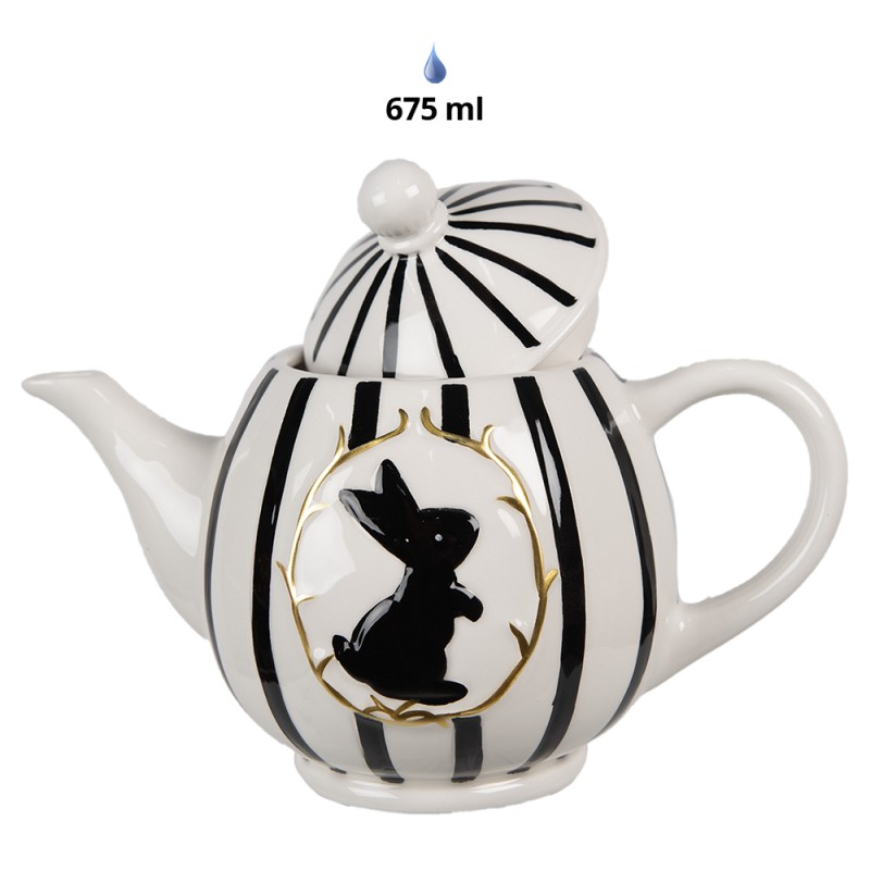 Clayre & Eef Teekanne 675 ml Weiß Schwarz Keramik Kaninchen