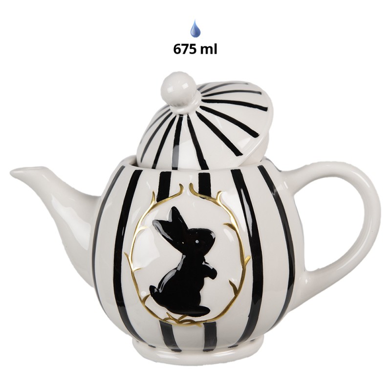 Clayre & Eef Teapot 675 ml White Black Ceramic Rabbit