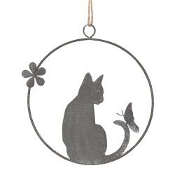 Clayre & Eef Decorative Pendant Cat 14 cm Grey Iron Round