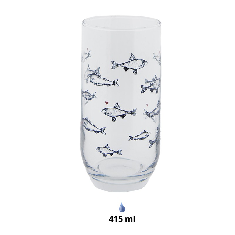 Clayre & Eef Waterglas  Ø 7x14 cm / 380 ml Transparant Glas Vissen