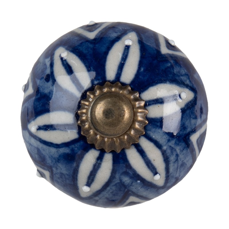 Clayre & Eef Deurknop  Ø 4 cm Blauw Wit Keramiek Rond Bladeren