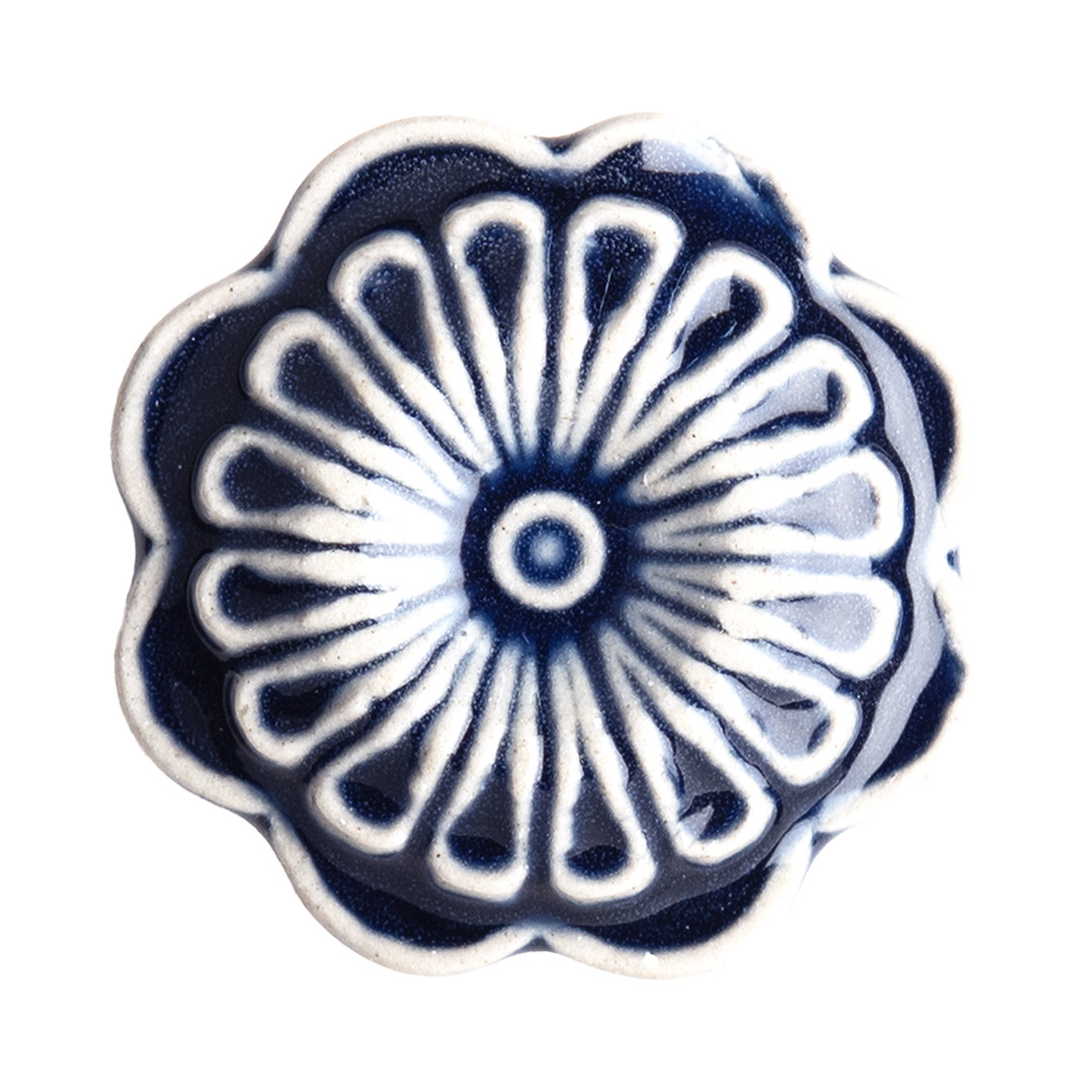 Clayre&Eef DeurknopØ 4 cm Blauw Wit Keramiek Bloem afbeelding