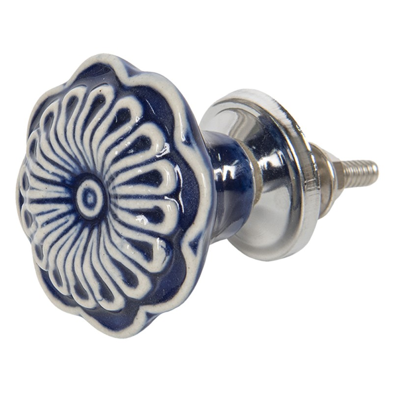 Clayre & Eef Door Knob Ø 4 cm Blue White Ceramic Flower