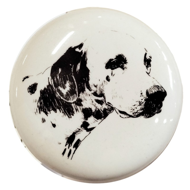 Clayre & Eef Door Knob Ø 4 cm White Ceramic Round Dog