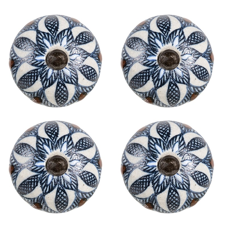 Clayre & Eef Door Knob Set of 4 Ø 4 cm Blue Ceramic Round Flower