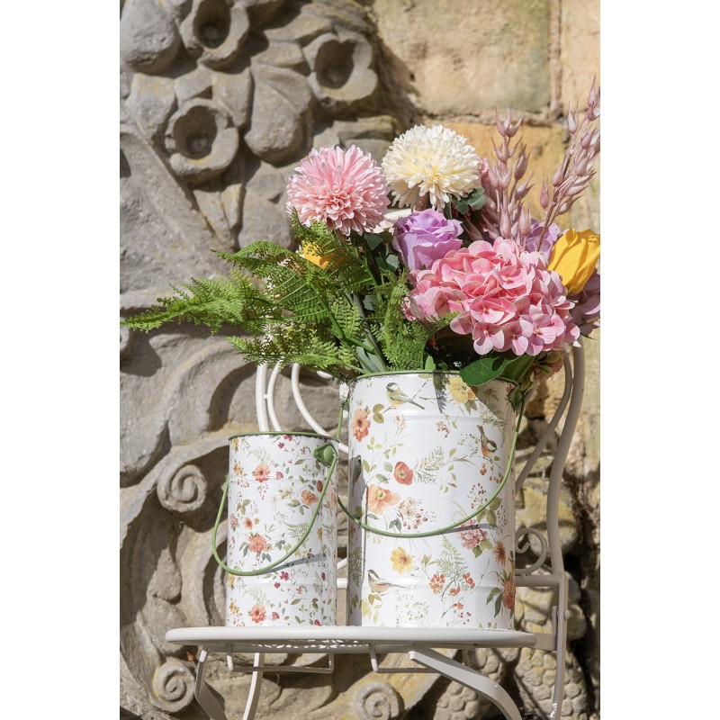 Clayre & Eef Decorative Bucket Ø 19x27 cm White Metal Flowers