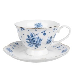Clayre & Eef Cup and Saucer 200 ml White Blue Porcelain Roses